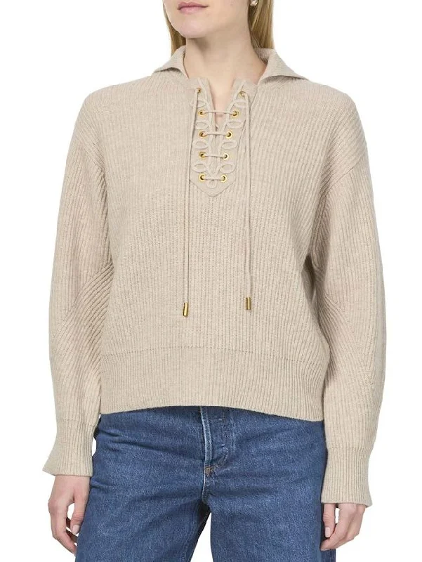 Embellished SweatersRibbed Eyelet Lace-Up Knit Sweater in Beige