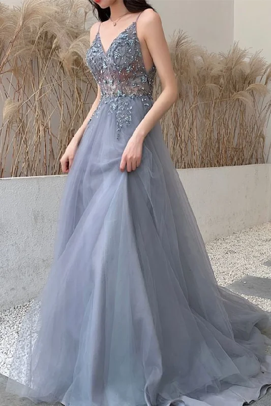 glamorous prom dressesdusty blue long prom dress with spaghetti straps and beaded bodice evening dress S7915