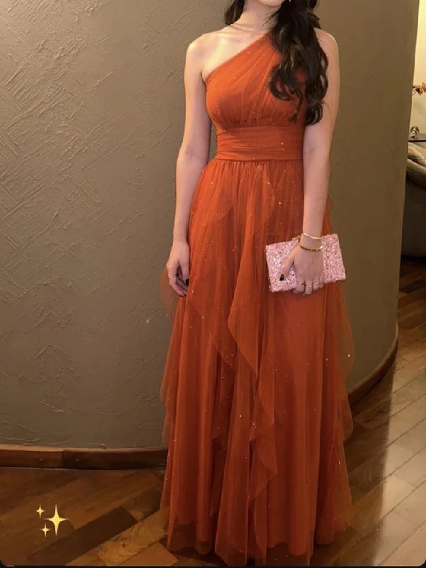 prom dress alterationsGlitter Orange Tulle Evening Dress One Shoulder Prom Dress Y7602