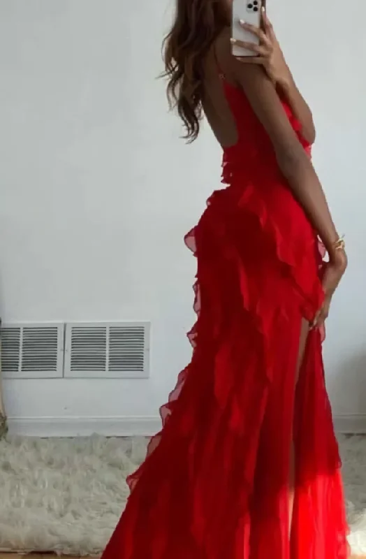 affordable prom dressesRed Ruffles Long Formal Prom Dress Elegant Evening Dress Y7979