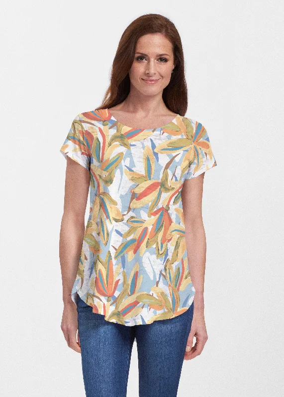 women's tops for beach outingsColorful Palm (7874) ~ Short Sleeve Scoop Neck Flowy Tunic