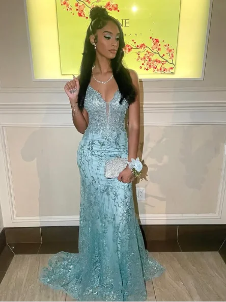 ball gown prom dressesCharming Spaghetti Straps Lace Appliques Evening Dress Mermaid Prom Dress Y7921