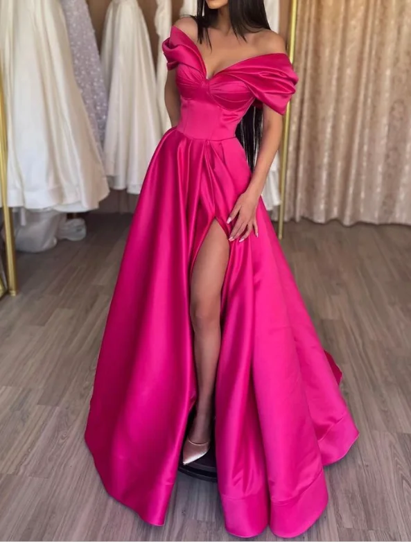 illusion sleeve prom dressesStylish A-Line Off the Shoulder Satin Long Prom Dress,Hor Pink Pleats Evening Dress With Slit  Y7644