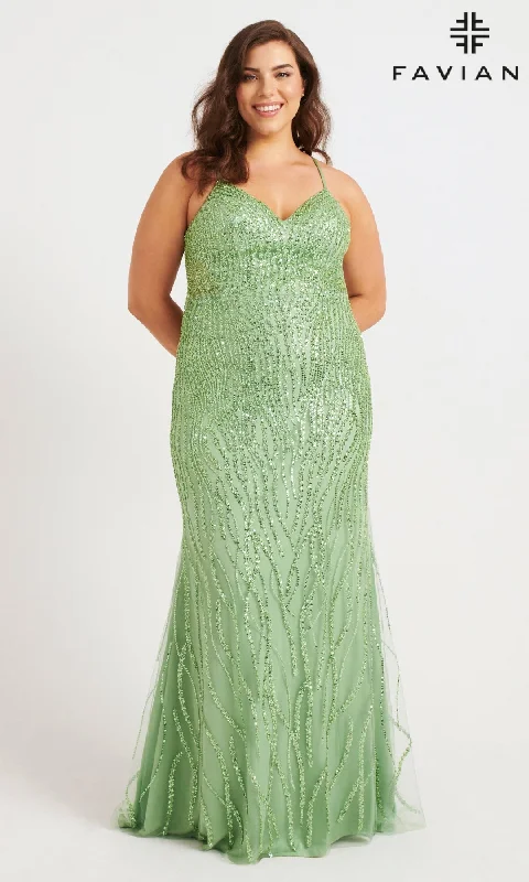 illusion sleeve prom dressesLong Plus-Size Prom Dress: Faviana 9572