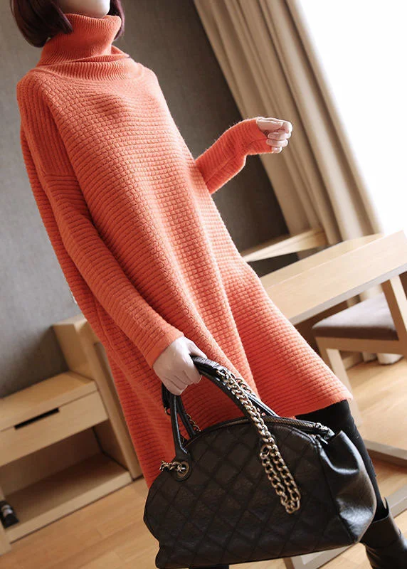 Cozy Embellished SweatersSimple Orange Turtle Neck Oversized Knitted Long Sweater Spring