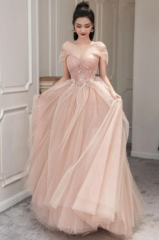 flutter sleeve prom dressesPink Tulle Long Prom Dress Pink Evening Dress Y1825