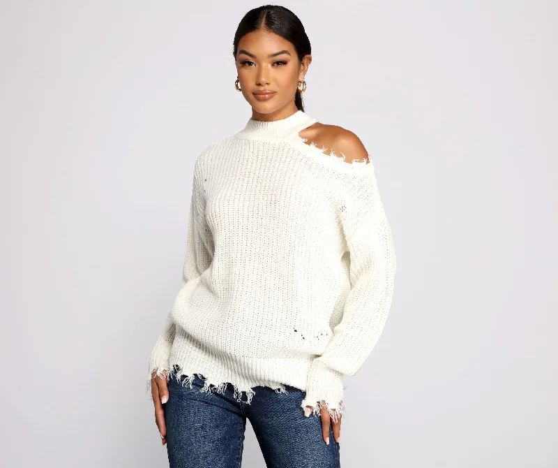 Cozy SweatersDistressed Cold Shoulder Crew Neck Sweater