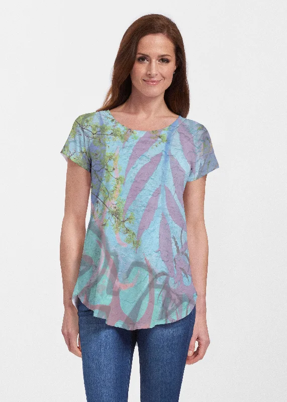 women's tops with geometric patternsUrban Flora Aqua (25017) ~ Signature Short Sleeve Scoop Neck Flowy Tunic