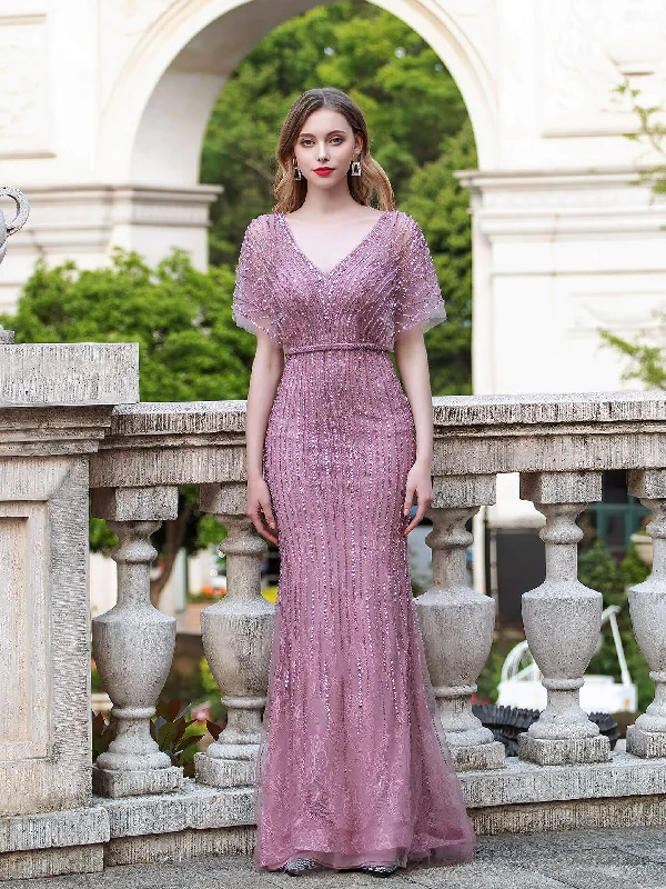 prom dresses with detachable sleevesNumbersea Mermaid V-neck Beaded Luxurious Fashion Formal Evening Dresses Short Sleeve Floor Length Prom Dresses