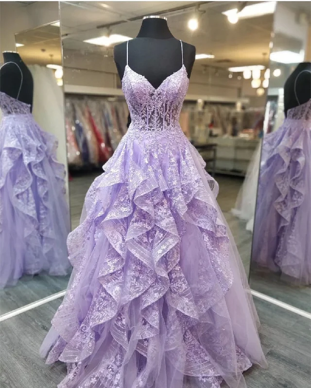 prom dresses with trainsSpaghetti Straps Lilac Prom Dresses Evening Gowns with Sheer Bodice Y1513