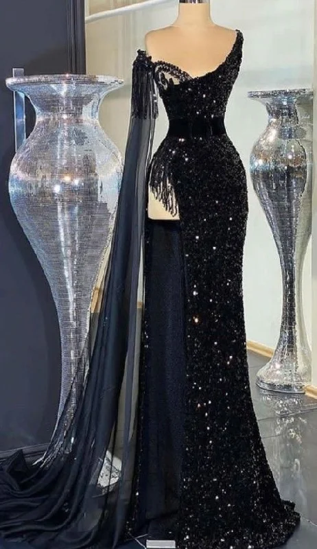 sparkly prom dressesGorgeous Black Sequins Evening Dress Beaded Tassel Slit Long Prom Dress Y7650