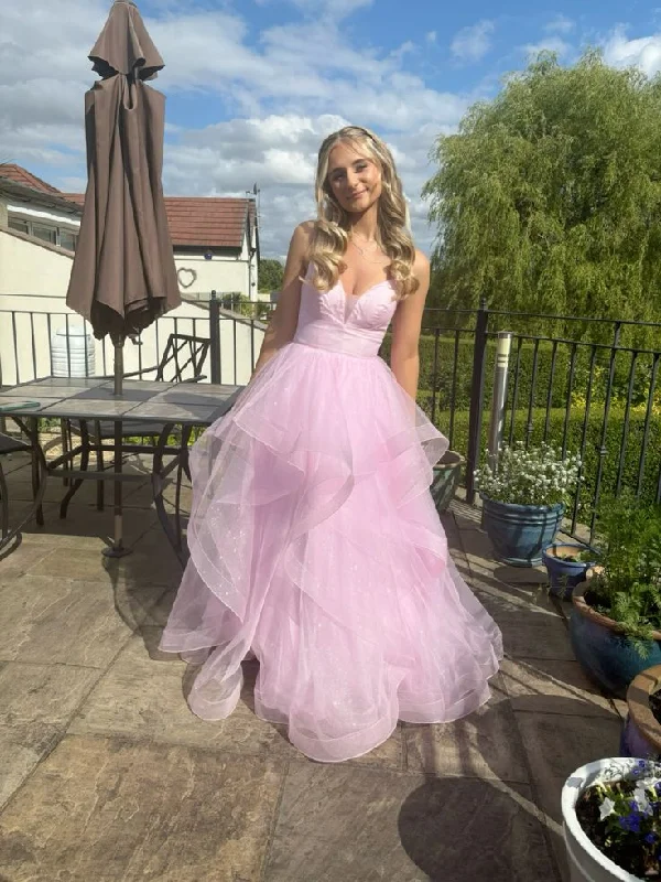 mid-length prom dressesShiny Pink Tulle Tiered A Line Prom Dress Straps Evening Gown Y7932