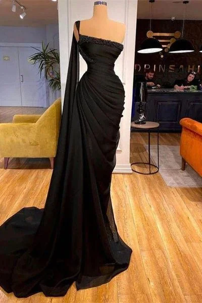 prom dresses for fallGorgeous Black One Shoulder Mermaid Prom Dress With Beading Y7834