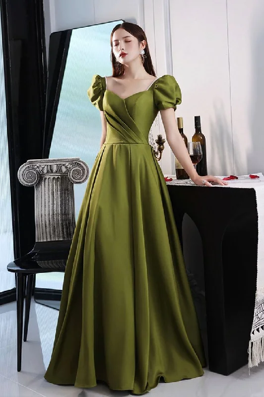 sleeveless prom dressesGreen Satin Long Prom Dresses, A-Line Evening Dresses Y7097