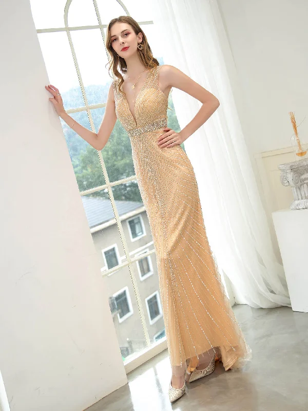 A-line prom dressesNumbersea Mermaid / Trumpet V-neck Beaded Luxurious Sexy Formal Evening Dresses Sleeveless Floor Length Prom Dresses