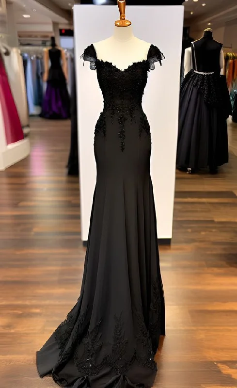 sparkly prom dressesCharming Black Mermaid Straps Chiffon Appliques Evening Dress Prom Dress Y7823