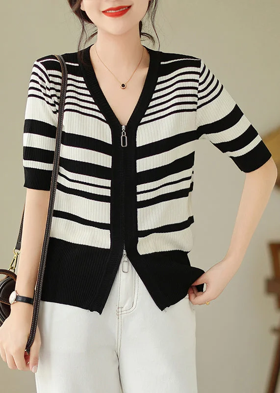 Funky SweatersBohemian Black White Striped Zippered Knit Cardigan Spring