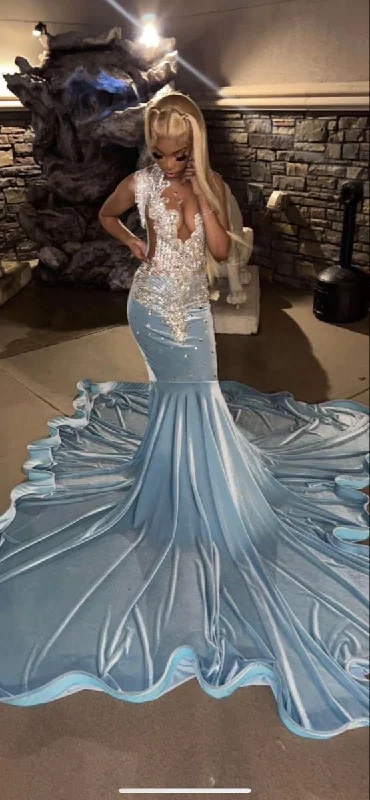 illusion neckline prom dressesBaby Blue Mermaid African Prom Dress Evening Dress Y6566