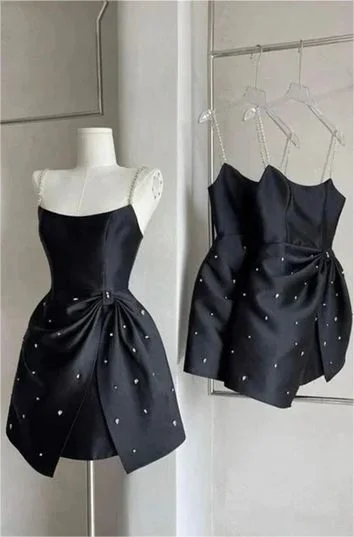 off-the-shoulder prom dressesChic Black Short Prom Dress Satin Dress Homecoming Dress With Beaded Y7654