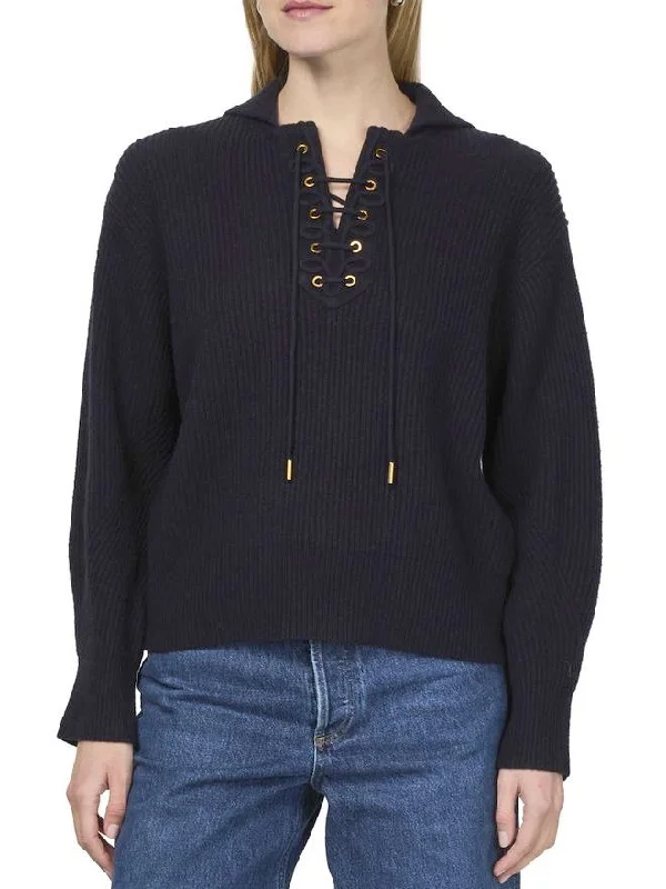 Dressy SweatersRibbed Eyelet Lace-Up Knit Sweater in Navy