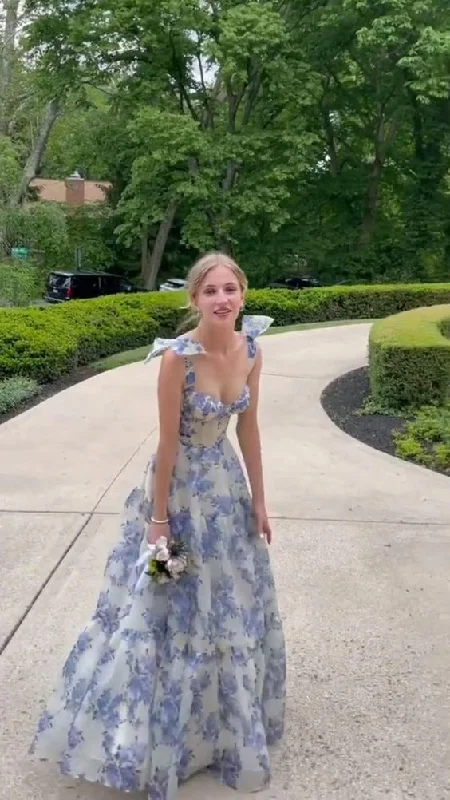 illusion neckline prom dressesA-line Blue Floral Print Long Prom Dress,Blue Evening Dress  Y2560