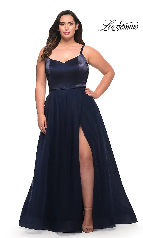 metallic prom dressesLa Femme Plus-Size Long A-Line Prom Dress