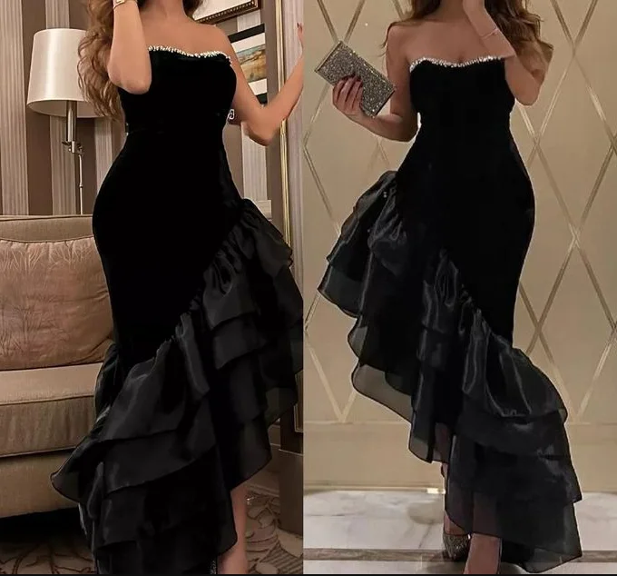 halter prom dressesSexy Strapless Black Mermaid Ruffles Evening Dress  Formal Prom Dress Y7697