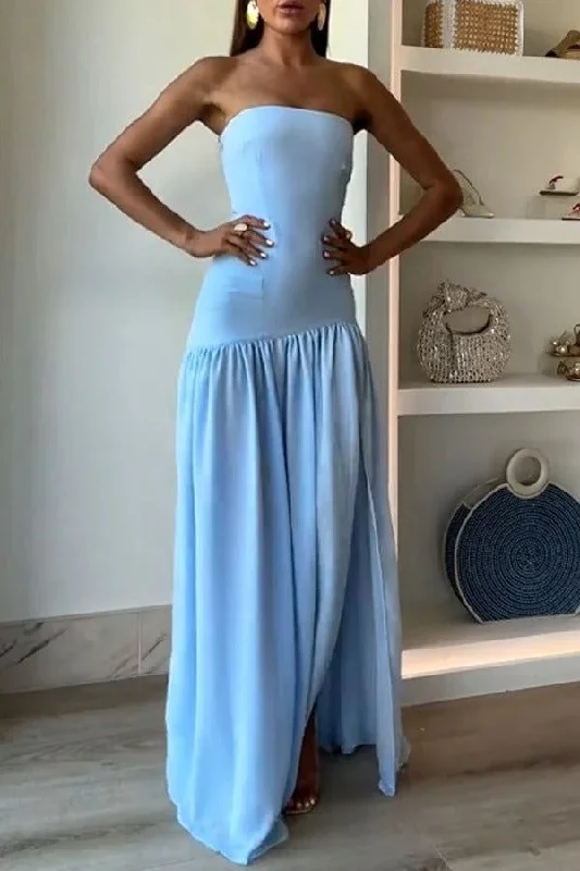 prom dresses with lace appliquésElegant Strapless Blue Pleated Slit Evening Dress Formal Prom Dress  Y7772