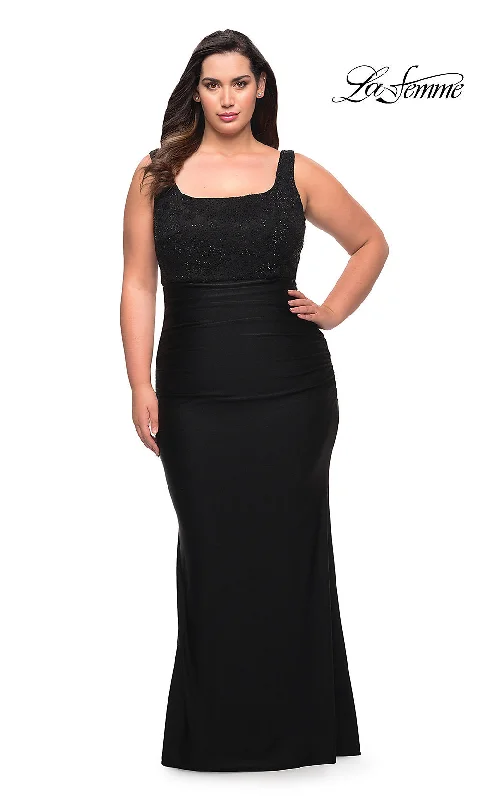 illusion neckline prom dressesLa Femme Lace-Bodice Long Black Plus Prom Dress