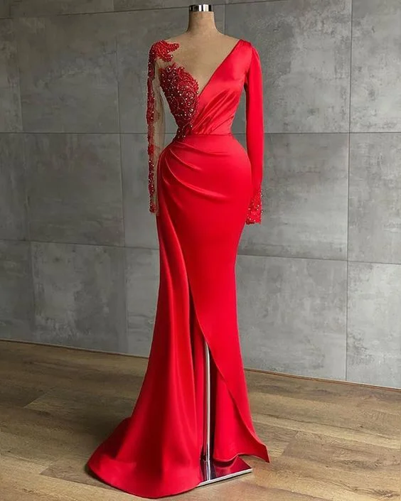 short prom dressesLong Red Satin Evening Dresses, Sheer Neckline Long Sleeve Beaded African High Slit Women Formal Prom Dress S24678