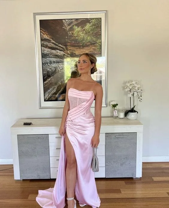 beaded prom dressesChic Pink Strapless Prom Dress,Glam Pink Evening Dress with Split,Pageant Dress Y1986