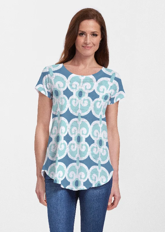 women's tops with embroidery detailsLinks Navy Aqua (8133) ~ Short Sleeve Scoop Neck Flowy Tunic