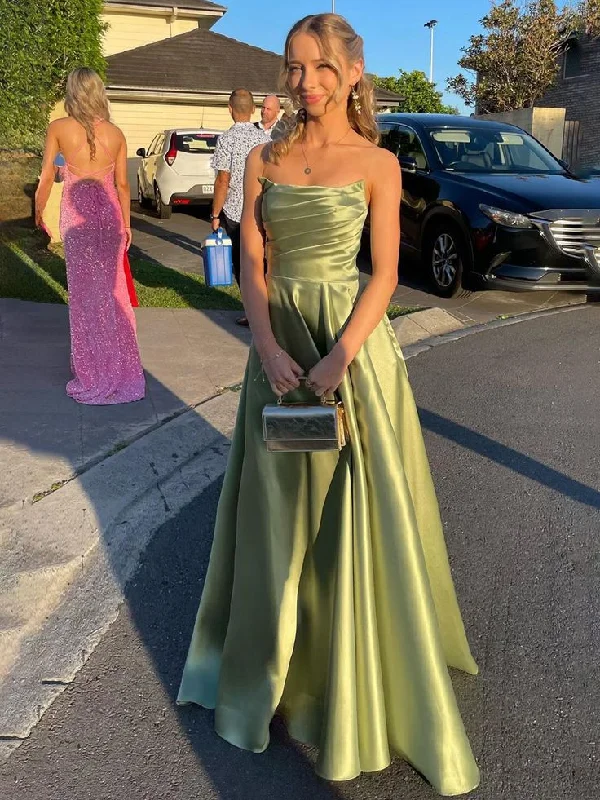 corset prom dressesSage Green Strapless Satin Pleated A-line Long Prom Dress Evening Gown Y7905