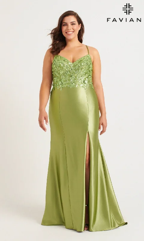 metallic prom dressesLong Plus-Size Prom Dress: Faviana 9563