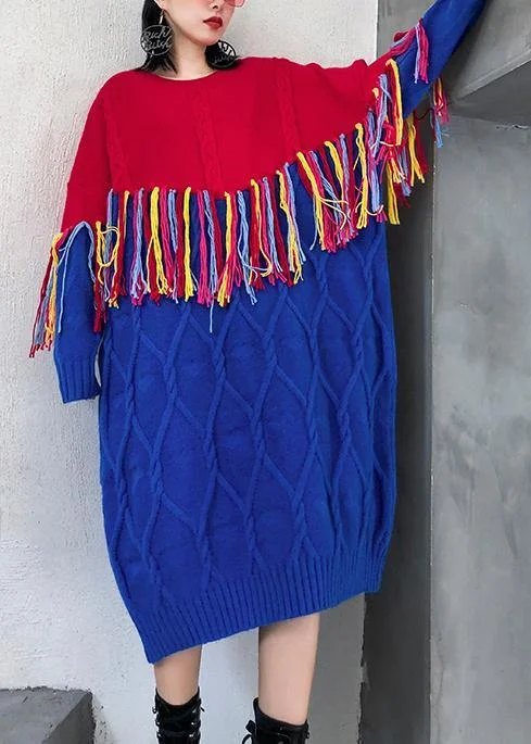 Elegant SweatersWinter o neck tassel Sweater weather Women blue patchwork red Mujer knitwear