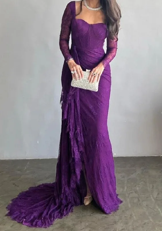 prom dresses for fallGoegeous Mermaid Split-Side Pleated Lace Evening Dress Purple Long Prom Dress Y7766