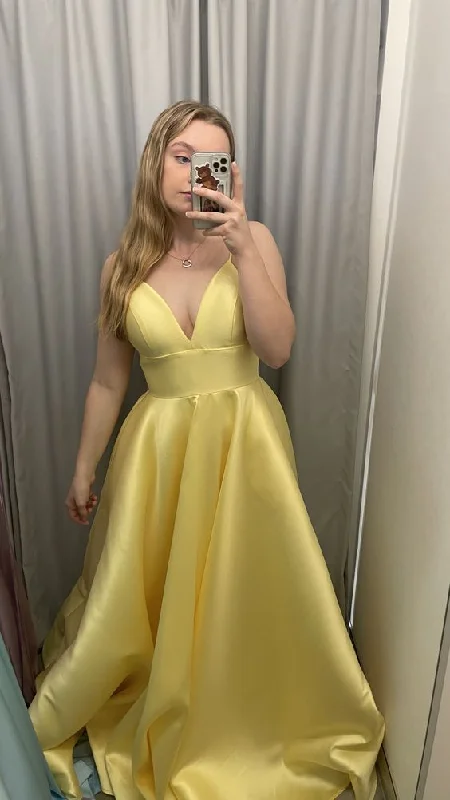 open-back prom dressesSexy Spaghetti Straps V-neck Floor Length Satin Yellow Prom Dress Y7329