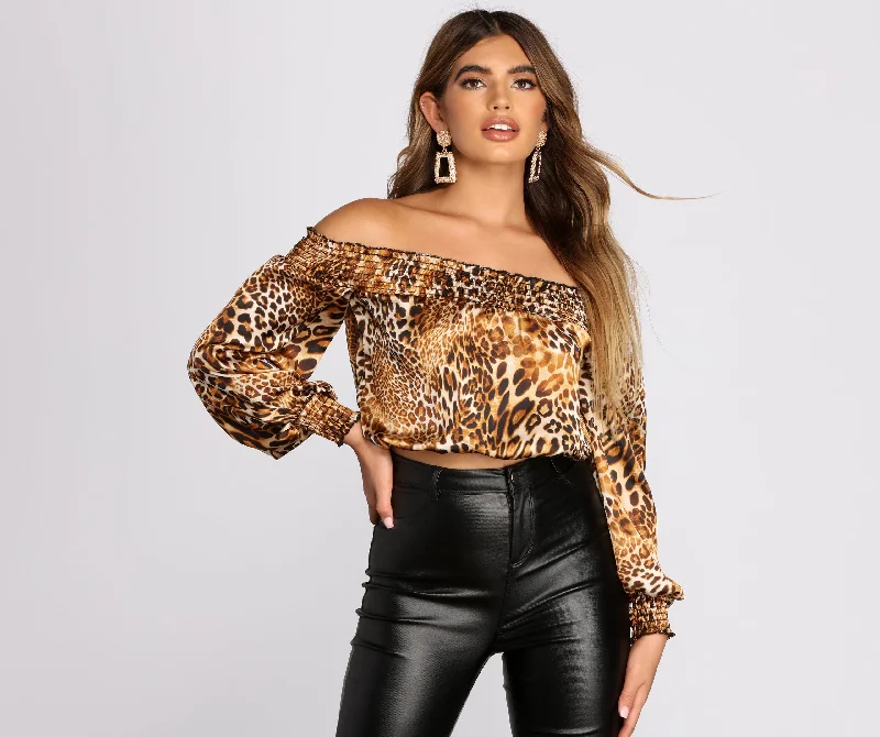 women's tops for relaxed weekendsFeline Wild Leopard Off Shoulder Top