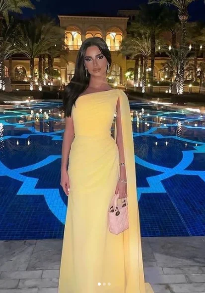 illusion neckline prom dressesElegant One Shoulder Chiffon Long Prom Dress Yellow Evening Dress Y7524