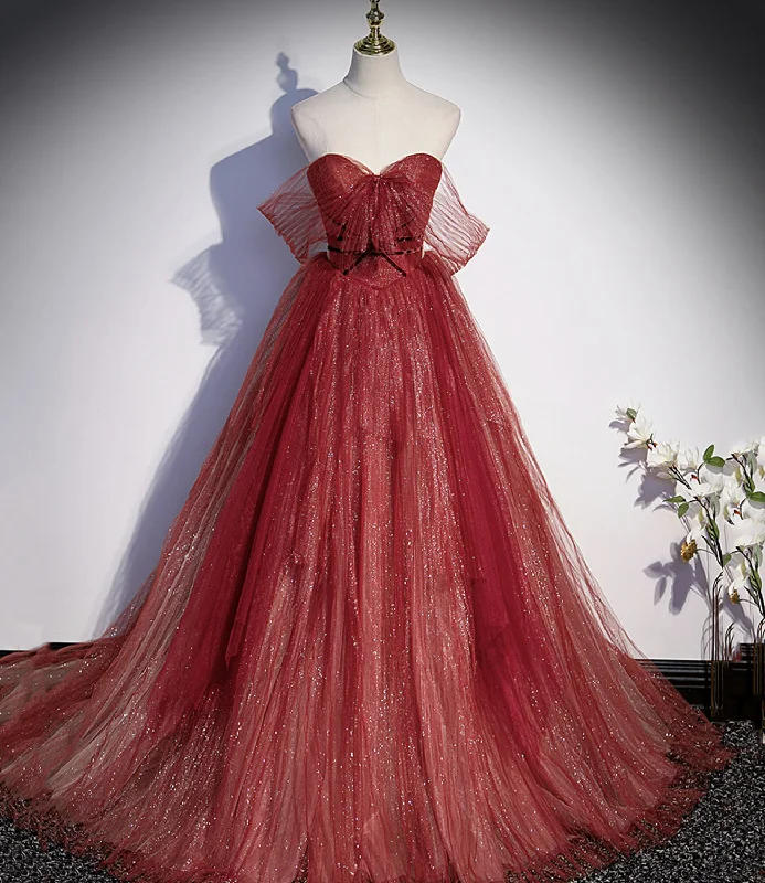 two-piece prom dressesBurgundy tulle sequins long prom dress A line evening gown s55