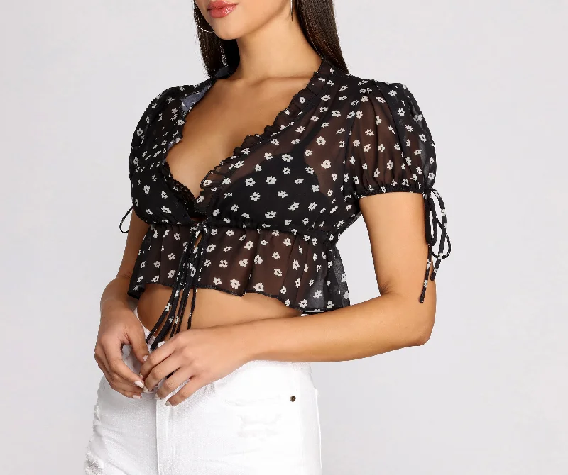 women's tops for those who want to make a bold fashion statement with their choice of topsFlirty Floral Tie Front Crop Top