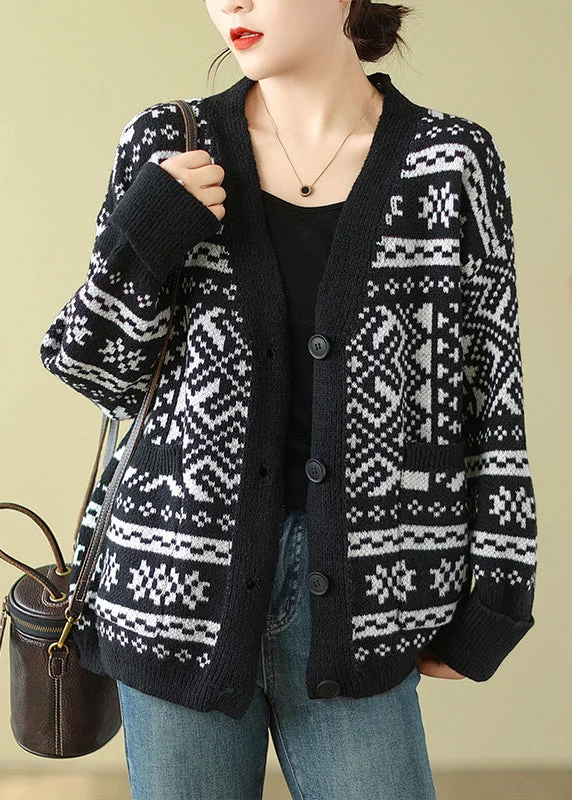 Fashionable SweatersBohemian Black Oversized Print Knit Cardigan Spring