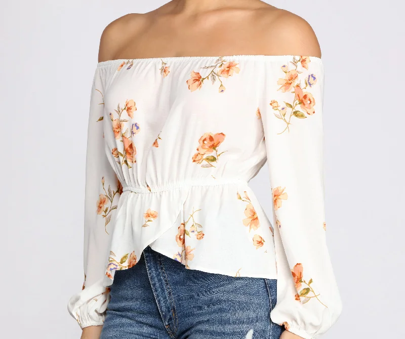 women's tops for those who want to wear versatile pieces that can be dressed up or downOff The Shoulder Floral Peplum Top