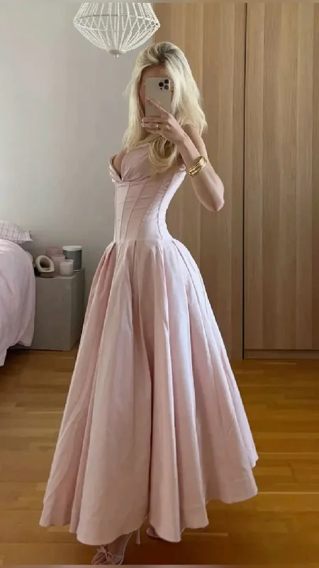 open-back prom dressesPink Strapless A Line Long Prom Dress Elegant Evening Dress Brithday Outfits Y7531