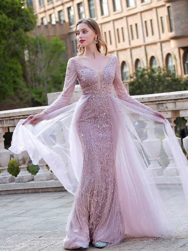 prom dresses for curve-hugging figuresNumbersea Mermaid V-neck Beaded Luxurious Fashion Formal Evening Dresses Long Sleeve Floor Length Prom Dresses