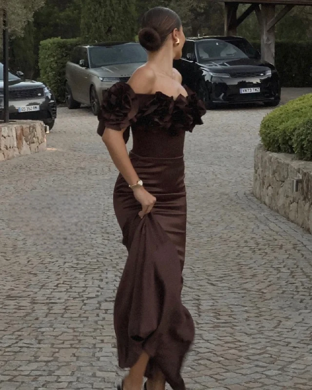 modern prom dressesBrown Luxury Mermaid Evening Dress Off The Shoulder Long Prom Dress Y7592