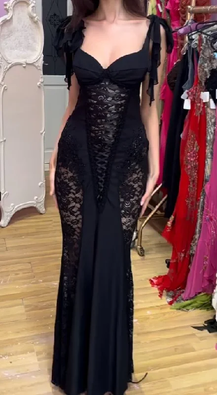 sweetheart neckline prom dressesSexy Black Lace Mermaid Evening Dress Long Prom Dress Y7821