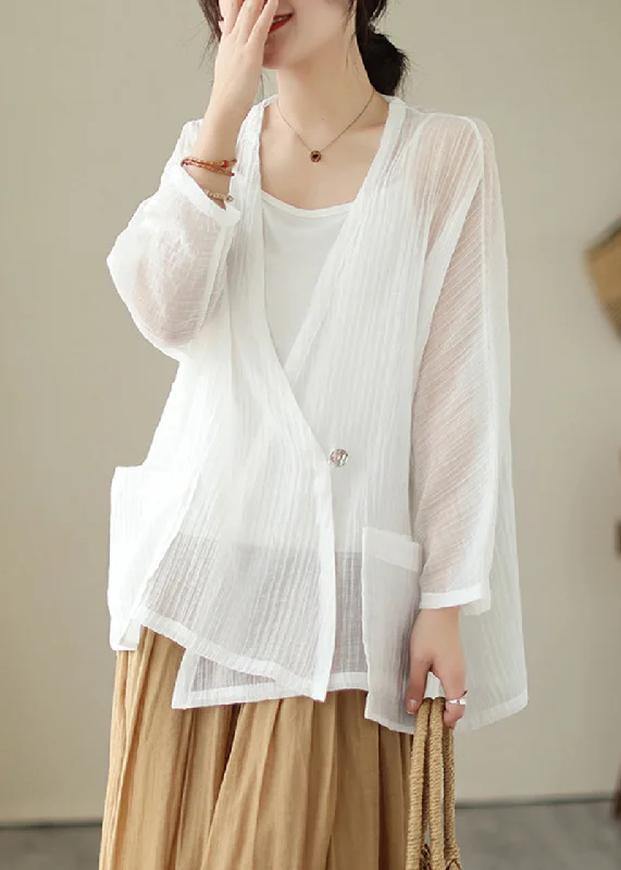 Quick-Dry Soft Knitted SweatersWomen White V Neck Oversized Cotton UPF 50+ Cardigan Summer