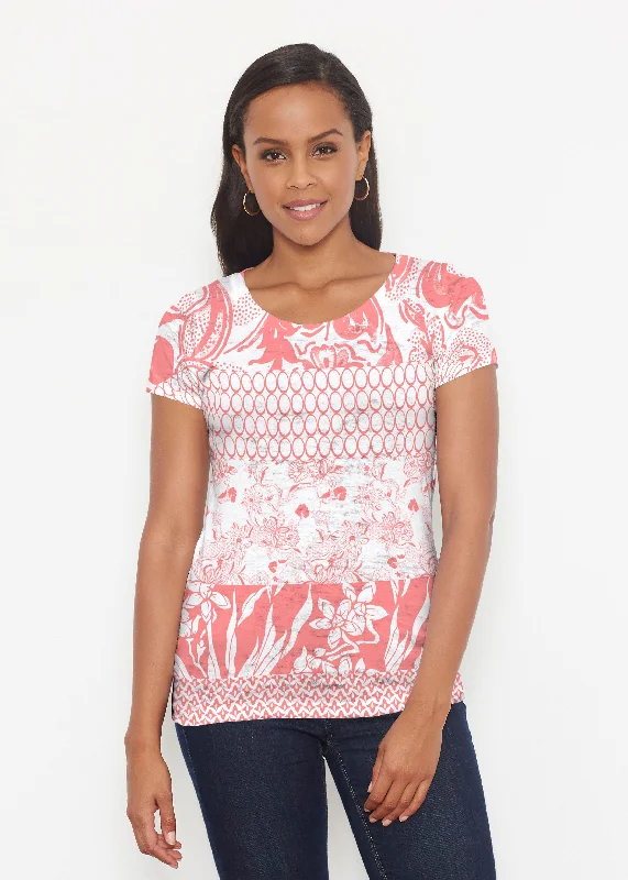 women's tops for glamorous eveningsPatchwork Coral (7900) ~ Short Sleeve Scoop Shirt