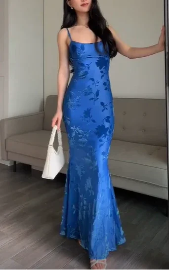 satin prom dressesCharming Blue Print Mermaid Long Evening Dress Prom Dress  Y7490